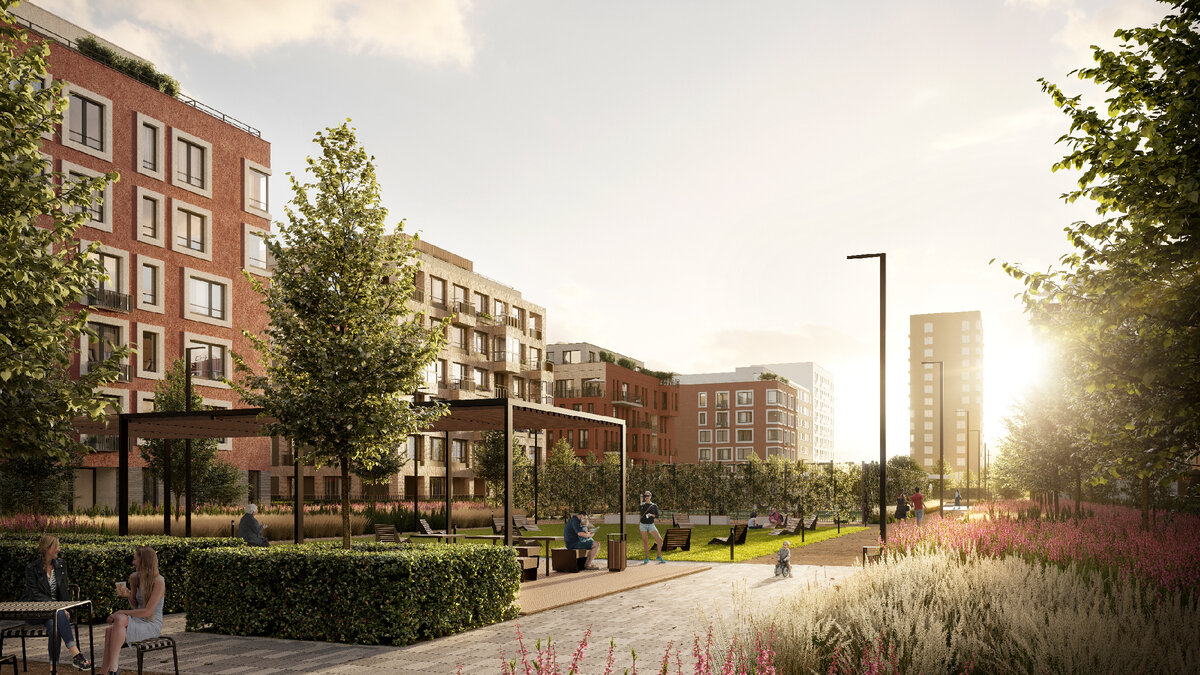 Пешеходный променад объединяет дома квартала. Он насыщен функциями: отдых, спорт, детские площадки