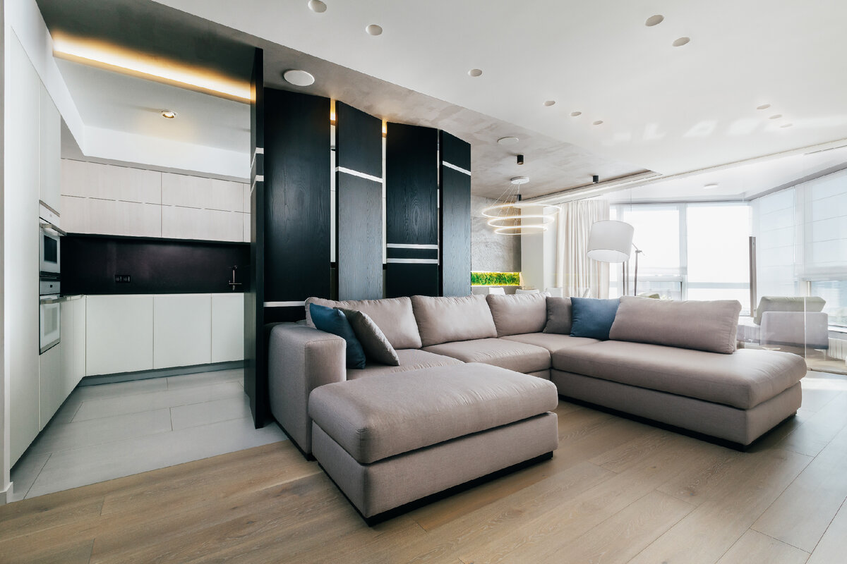 Кухня-гостиная в ЖК Антарес по проекту дизайн-студии D&D, изготовлено компанией БИС интерьер