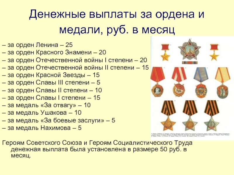 Выплаты за боевые награды в период 1939-1948 годы
