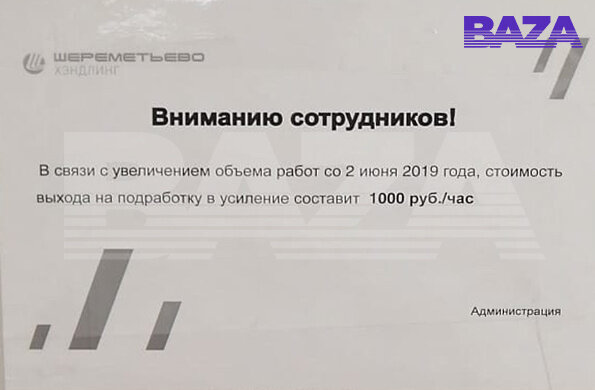 Объявление с предложением подработать всем желающим сотрудникам Шереметьево