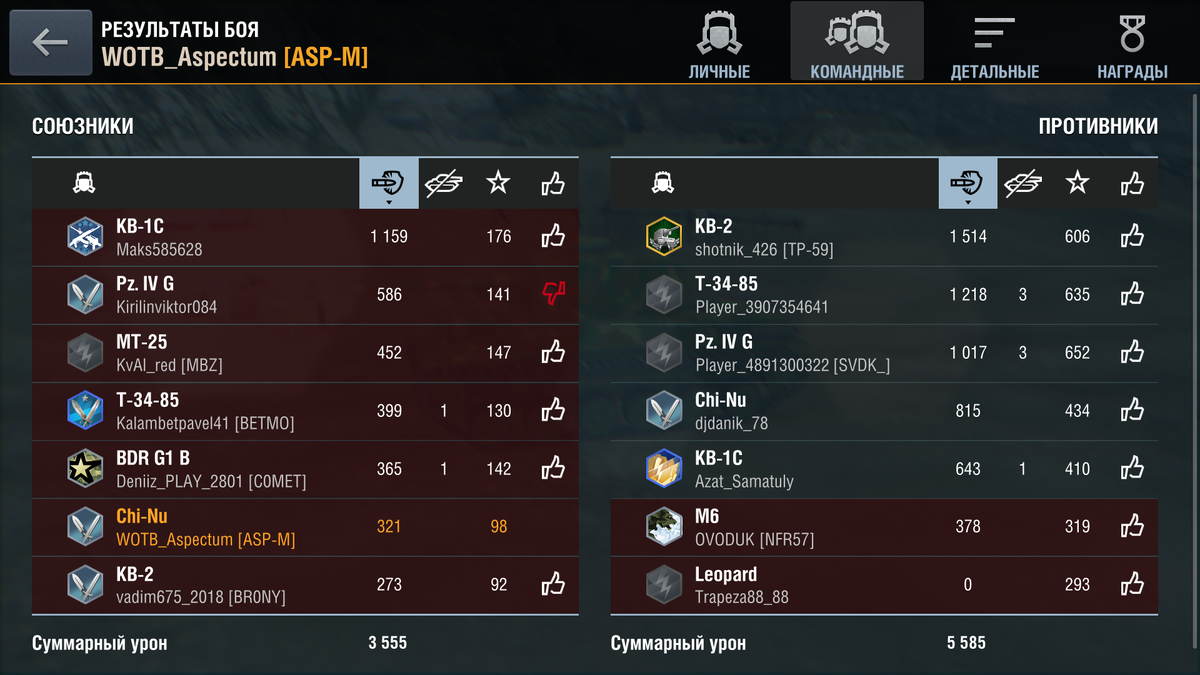 Скрин послебоевой статистики