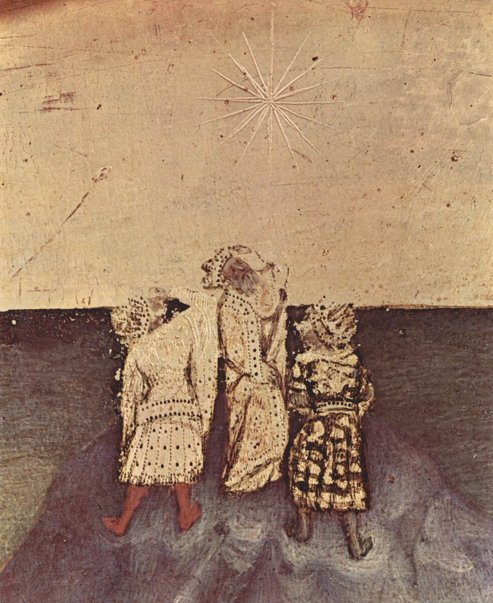 “Adoration of the Magi”, fragment, Gentile da Fabriano, 1423. Uffizi Gallery («Поклонение волхвов», фрагмент, Джентиле да Фабриано, 1423. Галерея Уффици, из статьи Википедии "Вифлеемская звезда", Автор: Джентиле да Фабриано - The Yorck Project (2002) 10.000 Meisterwerke der Malerei (DVD-ROM), distributed by DIRECTMEDIA Publishing GmbH. ISBN: 3936122202., Общественное достояние, https://commons.wikimedia.org/w/index.php?curid=151460)