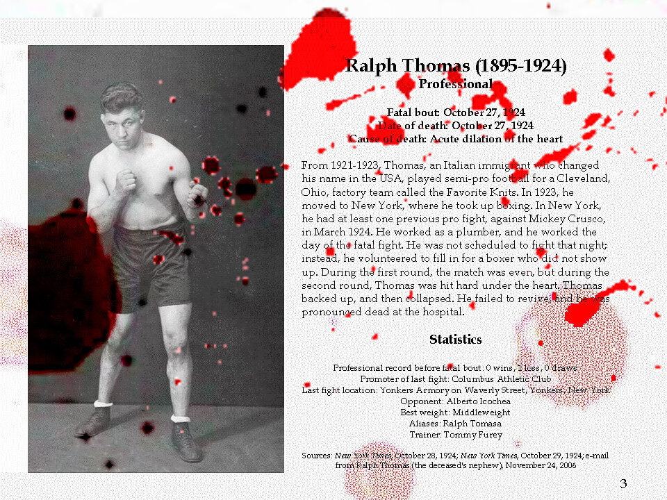 Ральф Томас (1895–1924), один из фигурантов «списка Мануэля Веласкеса», погиб на ринге в Нью-Йорке после пропущенного удара в область сердца