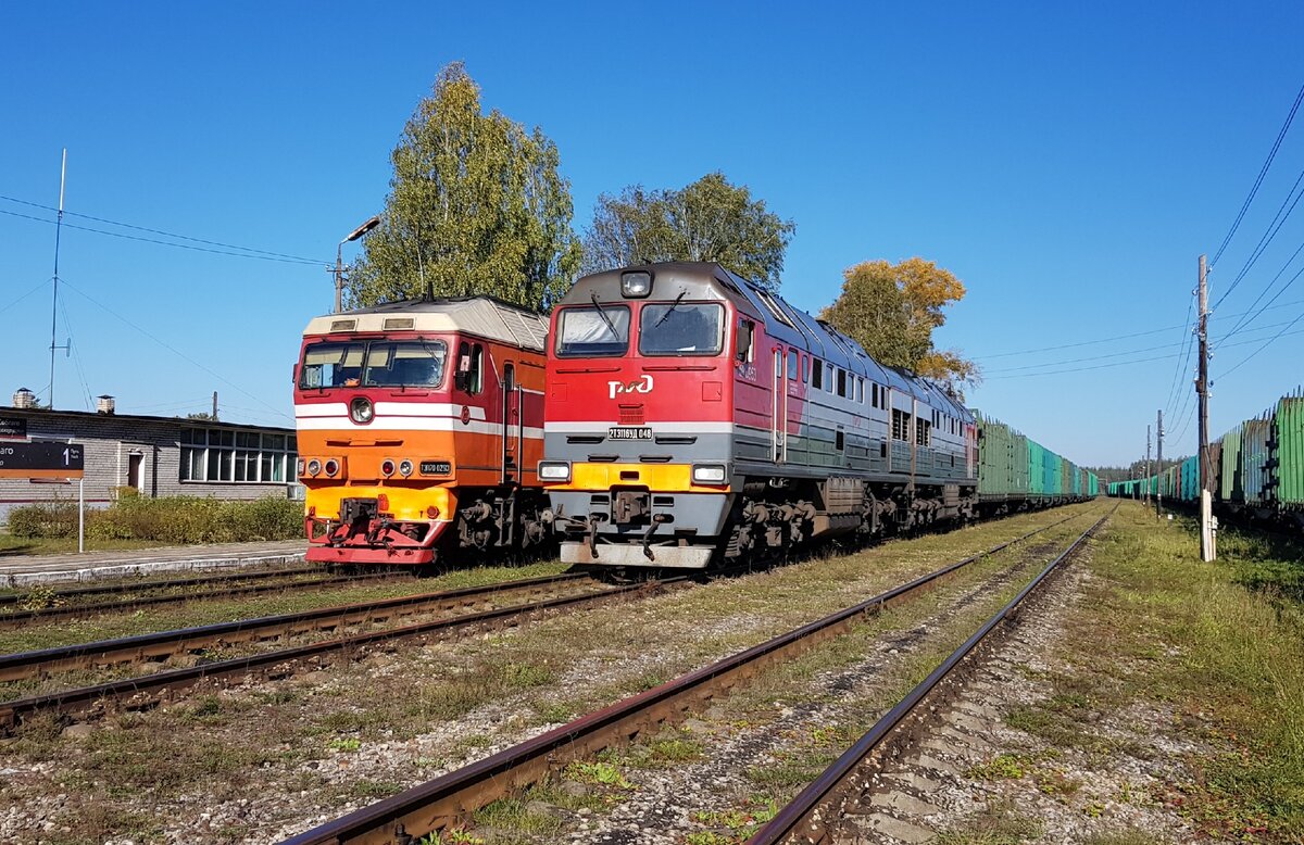 Пригородный и грузовой поезд на станции Соблаго, Бологое-Полоцкая линия ОКТ жд. Фото: Алексей Алексеев