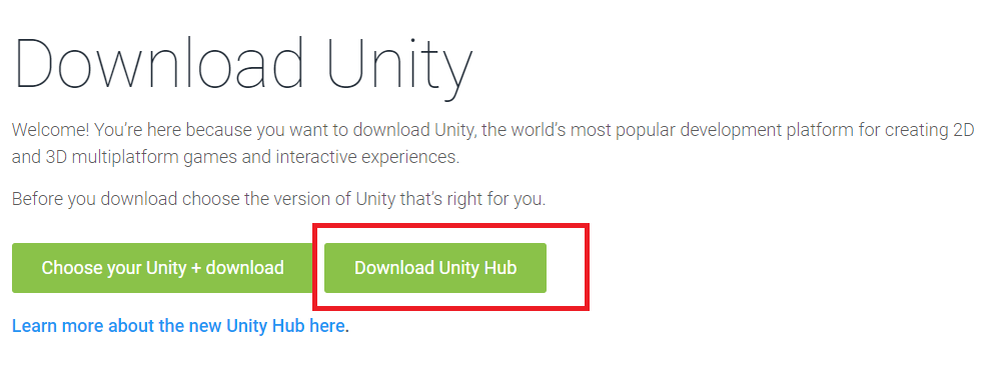Красным выделена кнопка загрузки Unity Hub