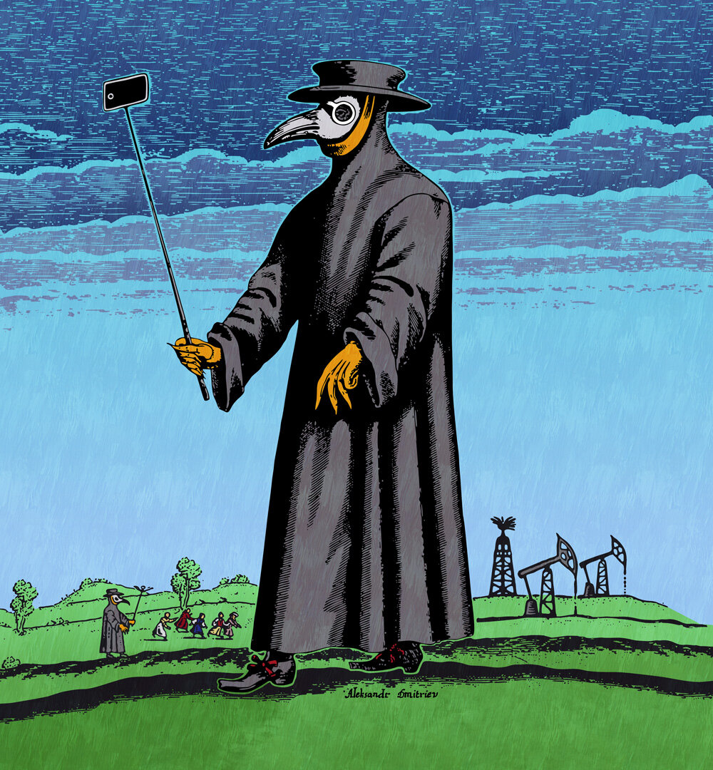 На основе средневековой гравюры Поля Фюрста нарисовал чумного доктора с селфипалкой. Как мне кажется он вполне отражает происходящее сейчас в мире.