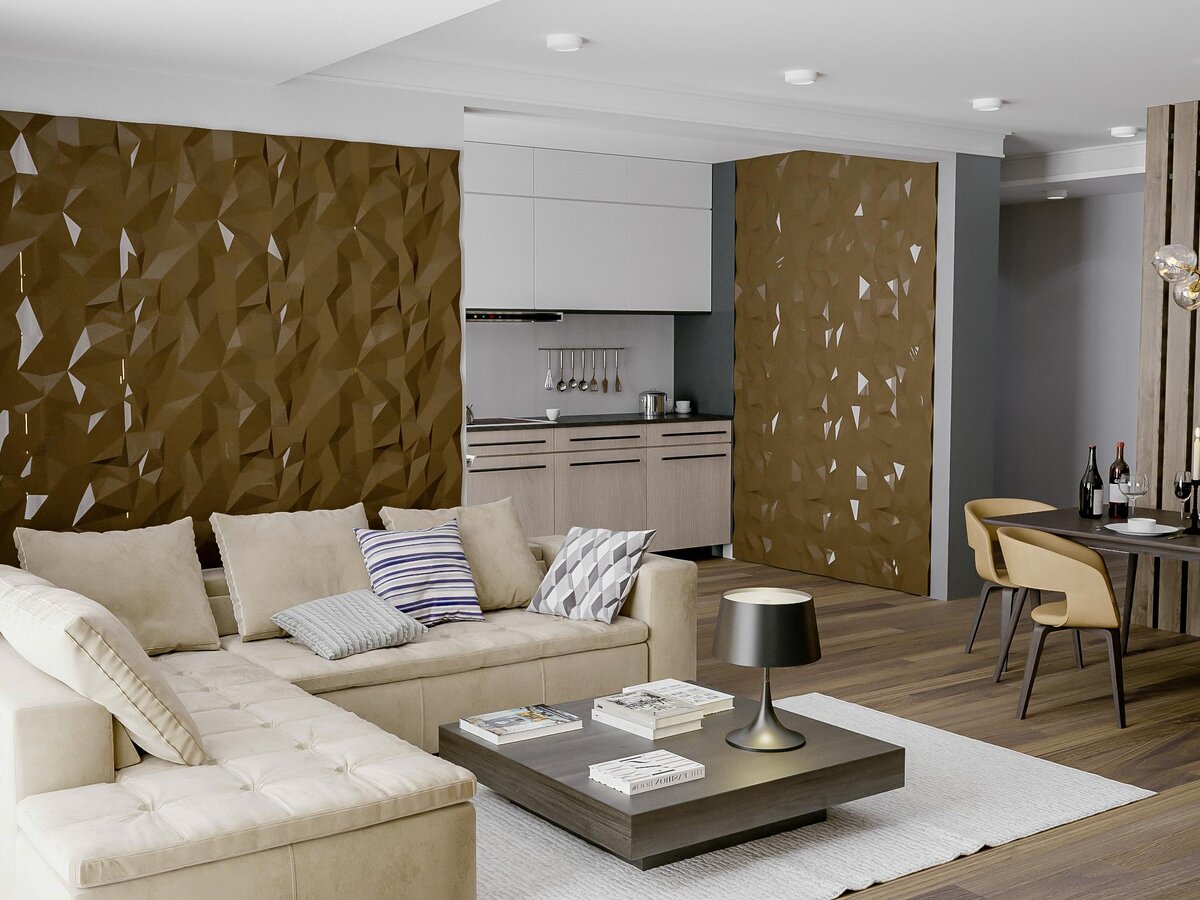 Кухня и гостиная комната с применением ППУ панелей "Iceberg" от бренда "Relieffo"