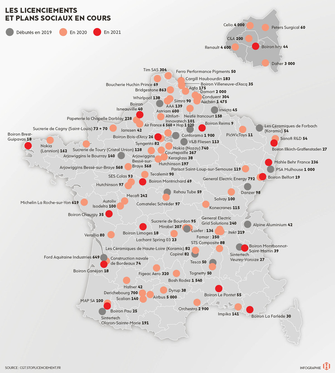 серым обозначены места, названия компаний и количество уволенный в 2019 г., оранжевым — в 2020 г., красным — планы на 2021 г. 