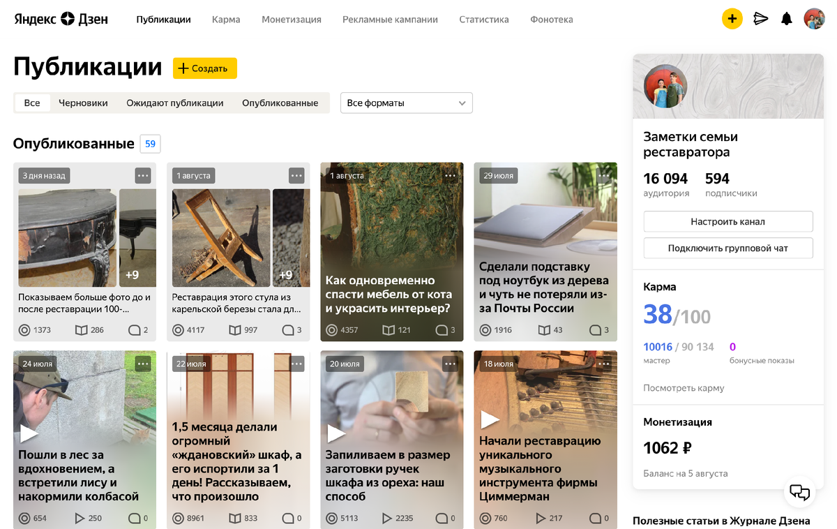 Вот так сегодня (7 августа) выглядит наш кабинет автора в Яндекс.Дзене 