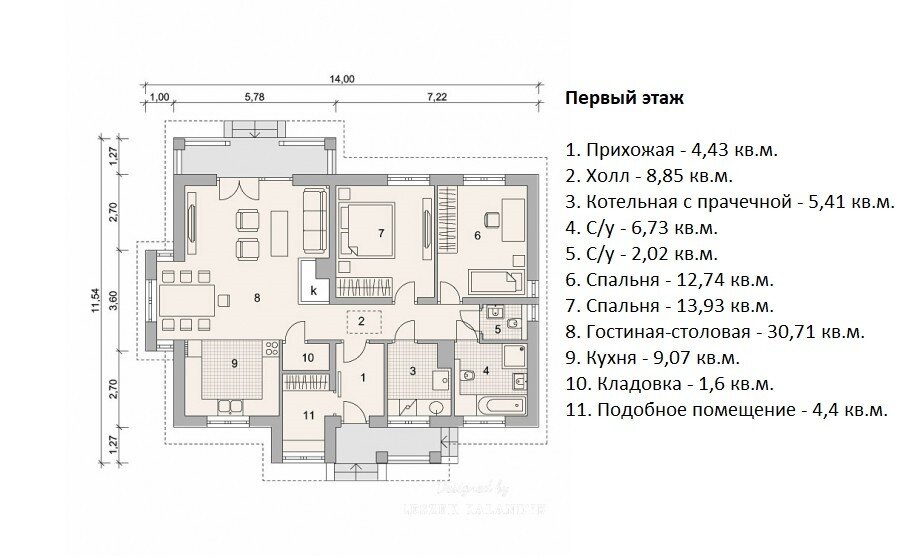 Планировка позволяет комфортно проживать семье из 3-4 человек.