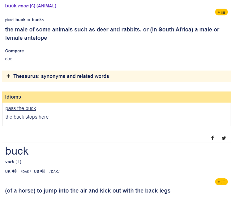 В словаре CALD поясняется смысл слова buck применительно к животным, а также уточняется, что в роли глагола buck означает "лягаться" (задними лапами или ногами, если речь о четвероногом)