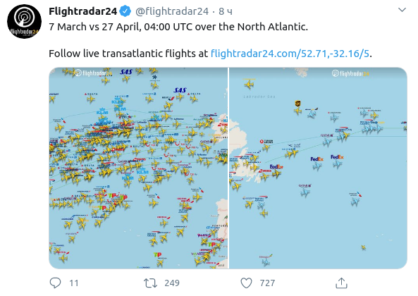 Трансатлантические перелеты 7 марта и 27 апреля. Данные Flightradar24