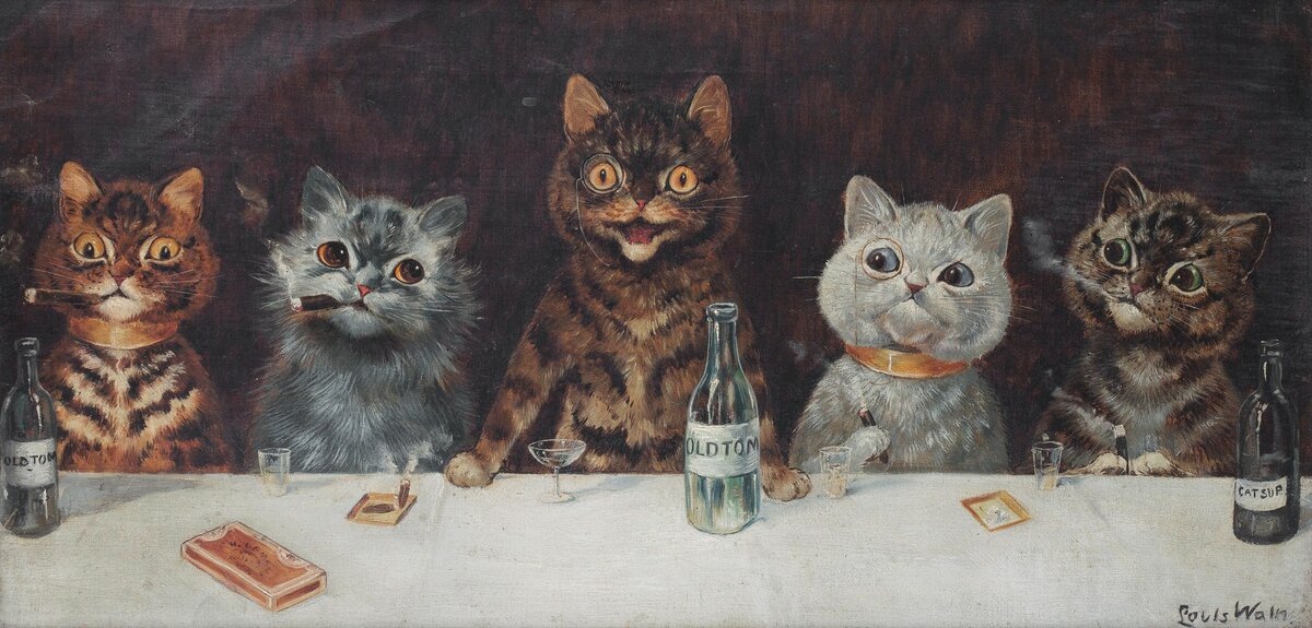 Funny cats cartoon smoking and drinking poster, print painting by Louis Wain.