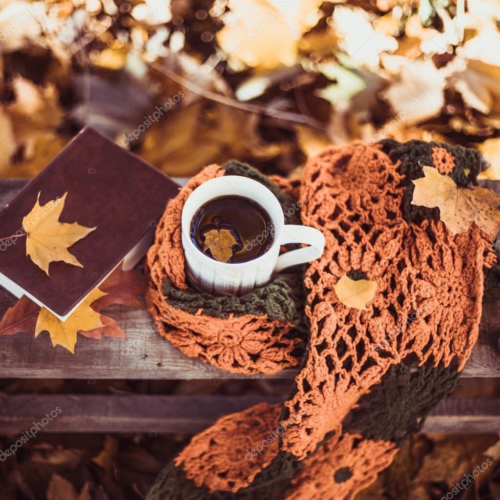Чашка кофе и осенние листья, шарф