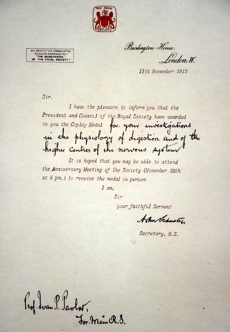 Извещение о награждении И.П. Павлова медалью "В честь Годфри Копли".