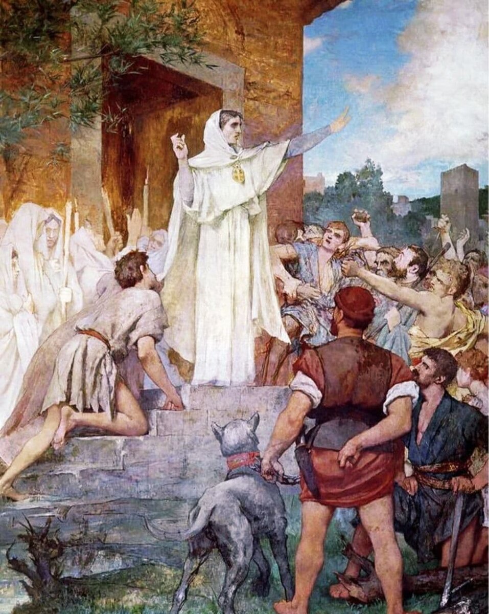 Женевьева уговаривает жителей не покидать город спасаясь от варваров Атиллы