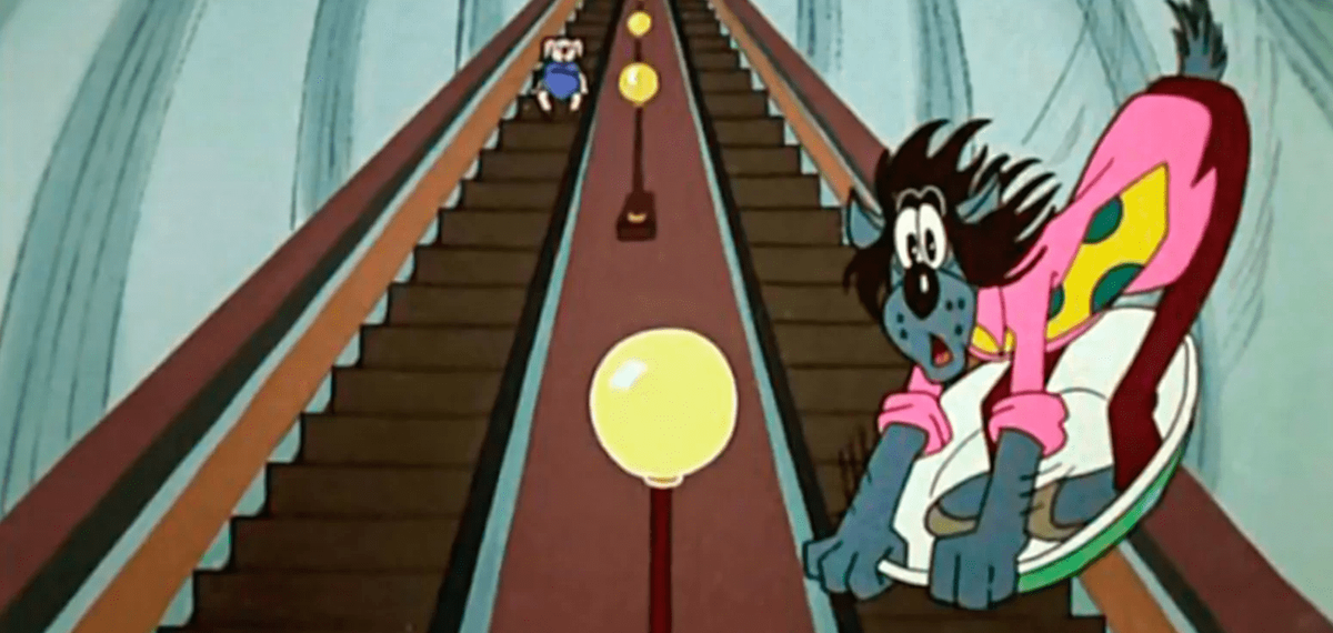 Кадр из пятой серии м/ф " Ну, погоди!", режиссёр В.  Котёночкин, студия "Союзмультфильм", 1972 год. Двухленточный наклонный ход? Ну-ну! =) Авторам было что-то известно