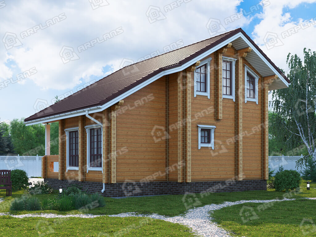 Фото 2 двухэтажной бани из бруса с мансардой, 3 комнатами отдыха, балконом, бассейном и террасой. Площадь 80 кв м. Источник arplans.ru Проект Б-079