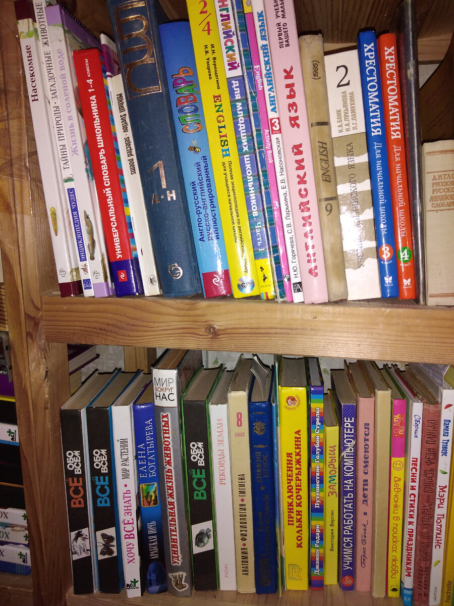 Часть дочкиных  книг на огромной полке. На даче тоже очень много книг. 