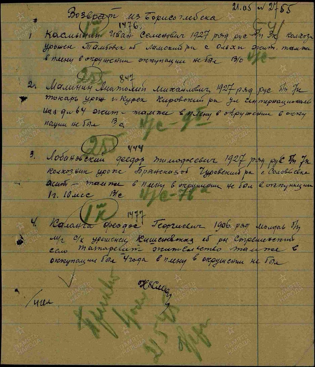 1944 год, запись солдат временно-пропускного пункта: Лобановский Фёдор Тимофеевич