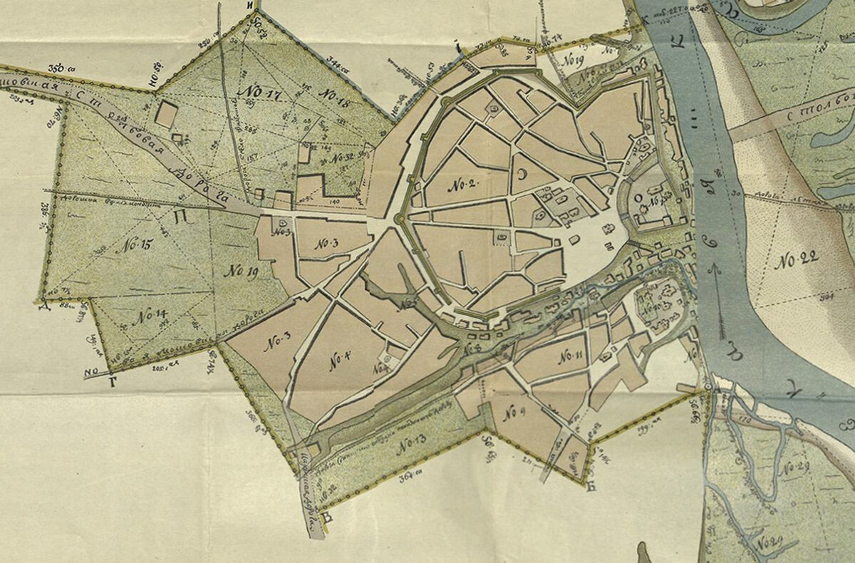 План города Хлынова 1759 года. С юга - овраг Засора, с севера - Вздерихинский