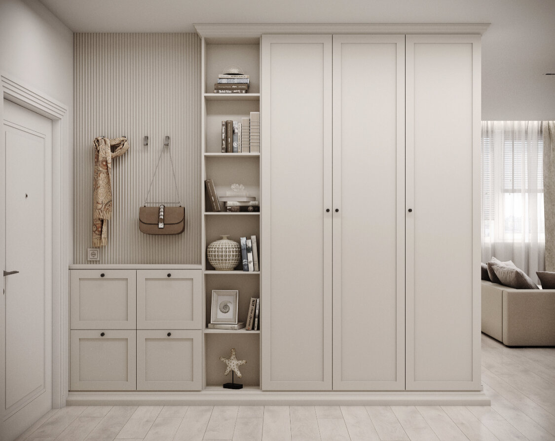 В узкую прихожую шириной всего 1610см. вместилась обувница на 16 пар обуви и просторный шкаф размером 1600х85см. 