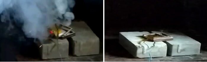 Возгорание незащищенного аккумулятора при коротком замыкании, вызванного протыканием гвоздем (слева). Защищенный аккумулятор остается целым даже при сквозном повреждении (справа). Источник: Олег Левин