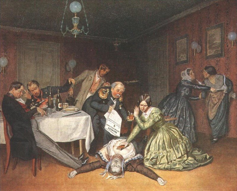 Павел Андреевич Федотов. "Все холера виновата! ". Бумага, акварель. 1848. Русский музей