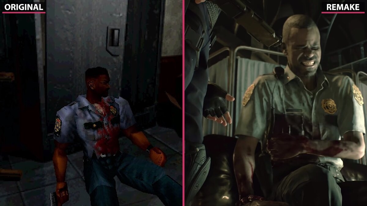 Небольшое сравнение сцен Леона и раненого полицейского, как говорится почувствуйте разницу!  Далее предлагаем Вашему вниманию небольшой игровой отрывок одного из главных персонажей - Клэр Рэдфилд.