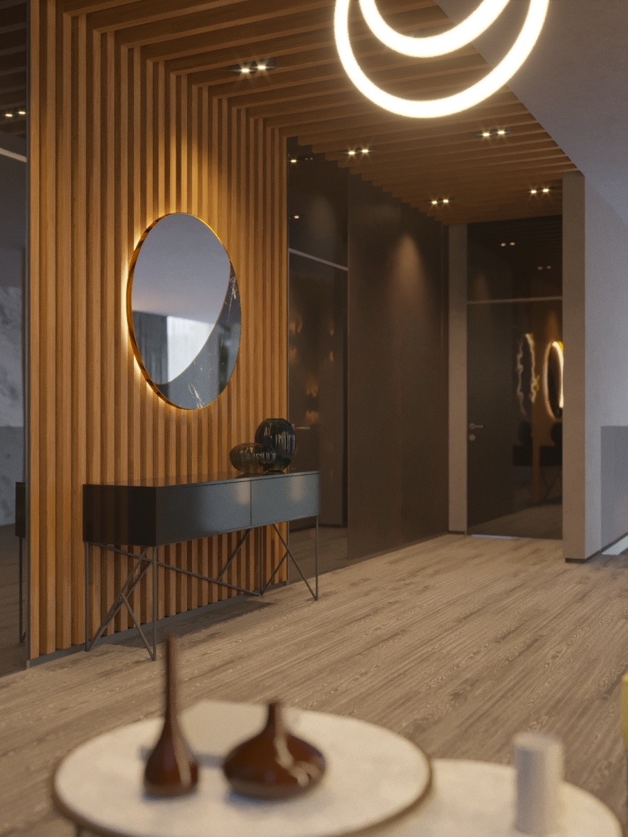 Деревянные рейки продолжают заданную дверями вертикаль 