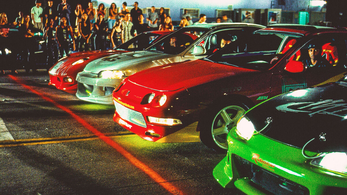 Заезд. В центре внимания - Mazda RX-7 Торетто и Эклипса О’Коннера. Исход Серебристого Ниссан Скайлайн и красной Хонда Интегра был уже предрешен заранее...