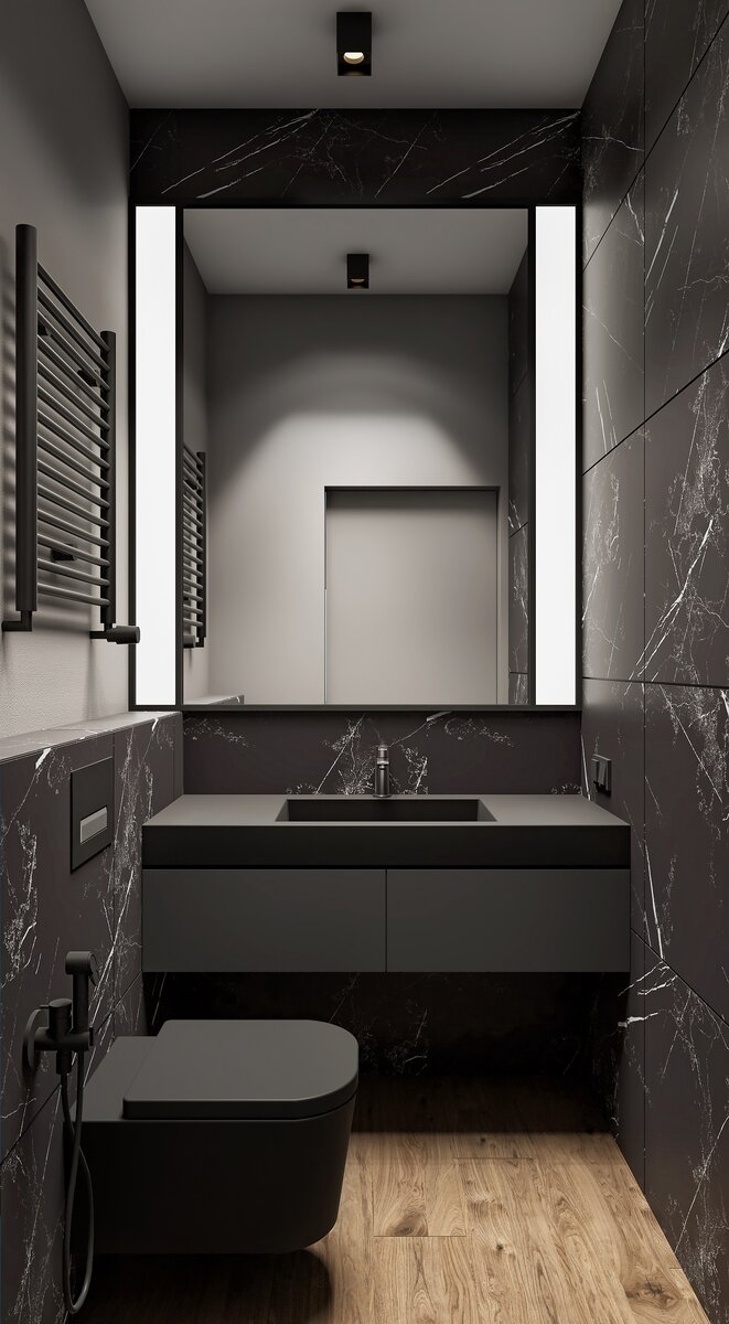 Дизайн туалета с черным унитазом - 59 фото