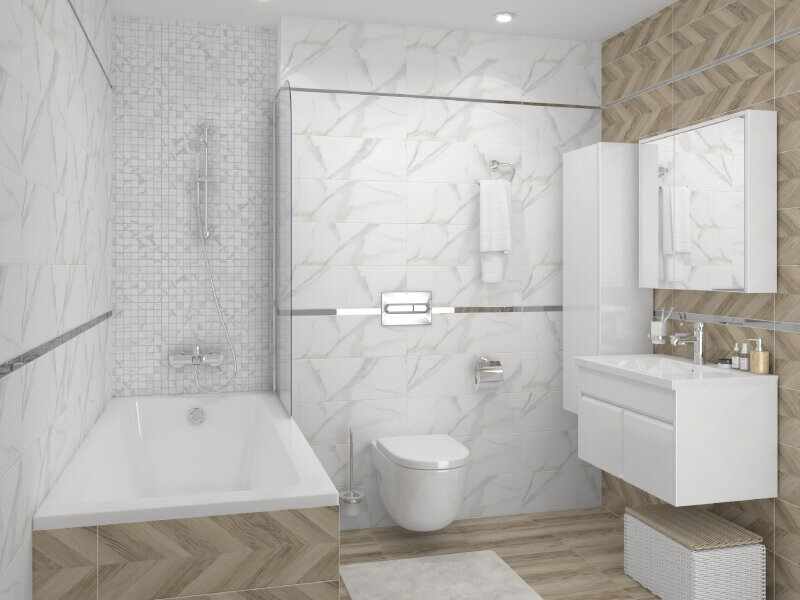 Дизайн-проект ванной комнаты из керамической плитки Laparet – коллекции Altair и Amber.