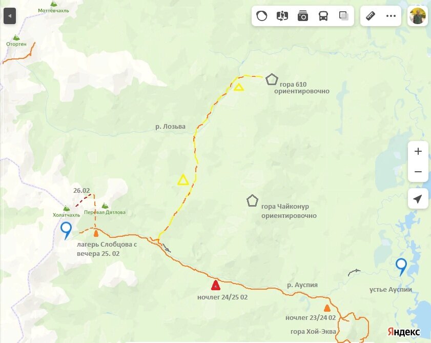 Маршруты по Коптелову. Красным с Хой-Эквы, пунктиром – с высотки «610»