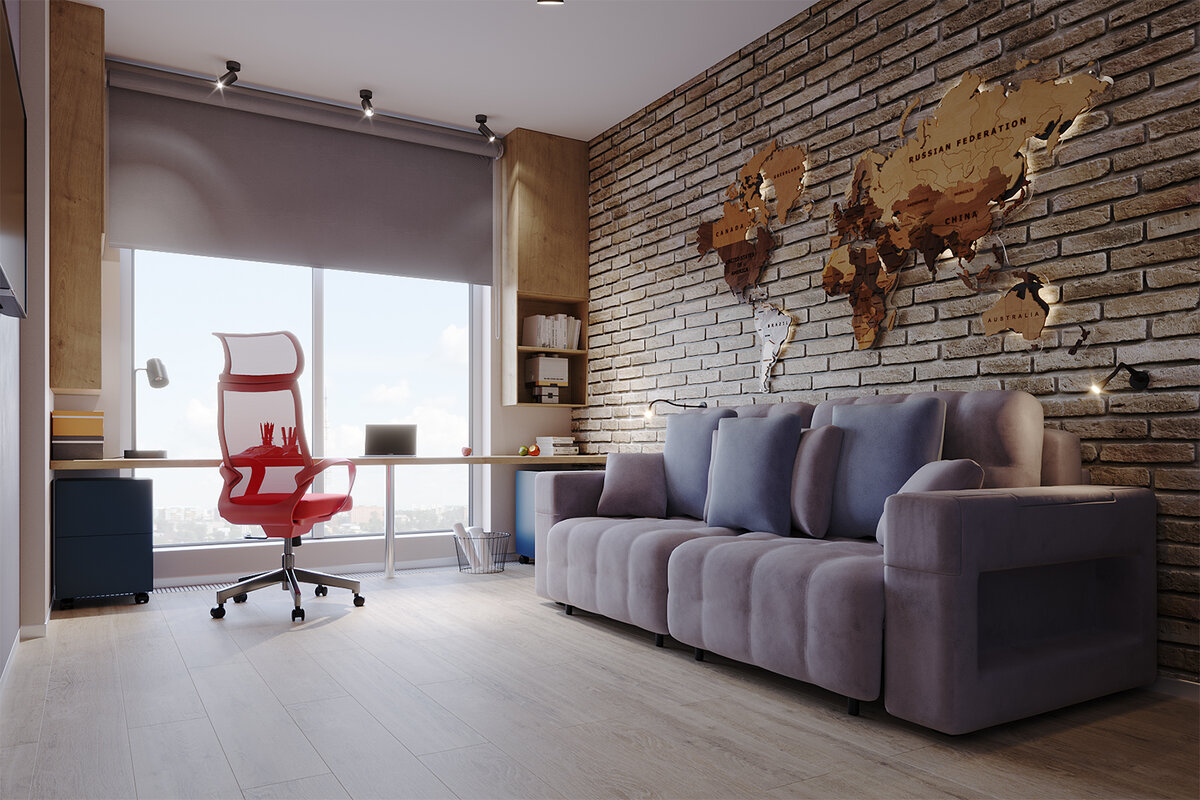 Раскладной диван позволяет трансформировать  пространство под приём гостей. 