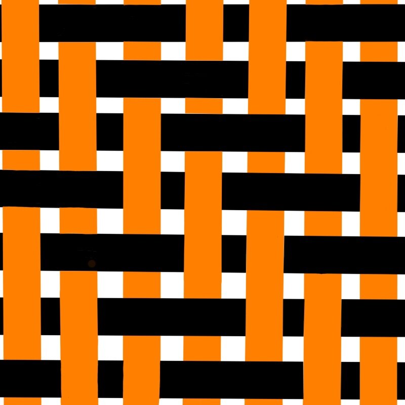 Визуализация саржевого переплетения 2/2: черные уточные нити проходят две над оранжевыми нитями основы, а затем две под нитями оранжевой основы, располагаясь в шахматном порядке на одну нить в каждом проходе (в результате получается диагональный узор). В реальной ткани белые промежутки будут закрыты.