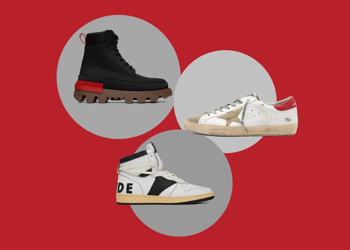 Ботинки на платформе Mon Corp Moncler | Кроссовки с эффектом потёртости Golden Goose Super-Star Leather Suede Toe Sneaker | Высокие кроссовки SSENSE Exclusive White & Black Rhecess Rhude