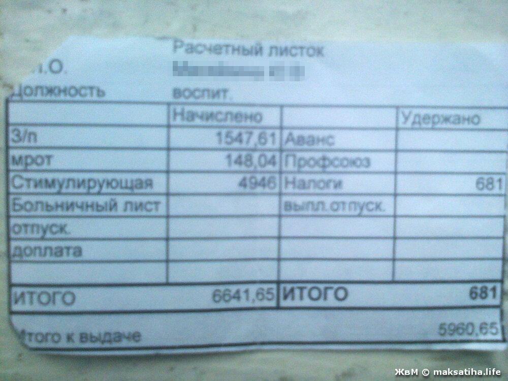 Расчётный листок за август 2017. Воспитатель.  5960 руб.