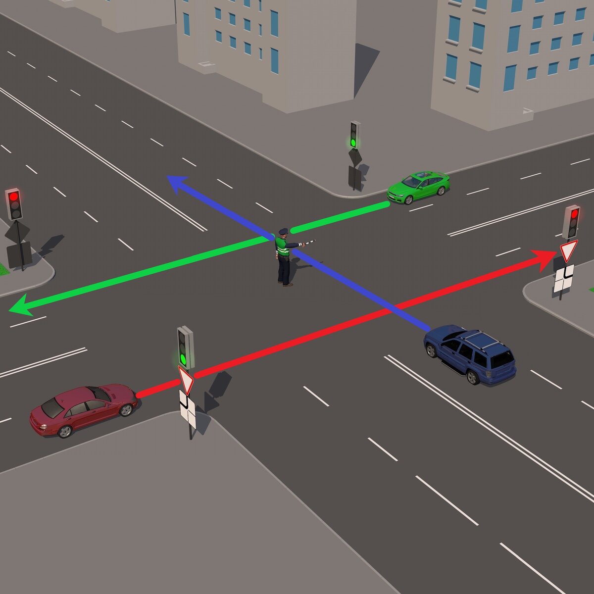 Зеленый автомобиль проедет перекресток. Синий автомобиль проедет перекресток. Красный автомобиль проедет перекресток.