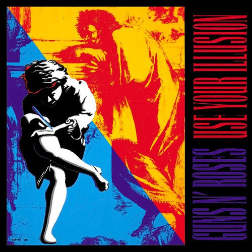 Объединённая обложка альбома Use Your Illusion: красная половина - 1 часть, синяя - 2 часть