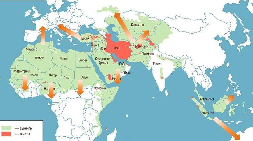 Мусульмане на карте. Карта мусульмане сунниты шииты. Карта шиитов и суннитов в мире. Распределение шиитов и суннитов карта.
