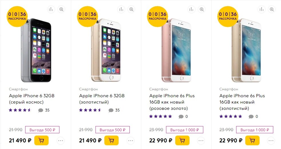 Цена Iphone 6 и 6S в розничном магазине Связной