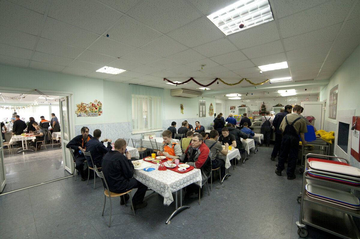 Машины загружают, а мы обедаем в столовой завода.