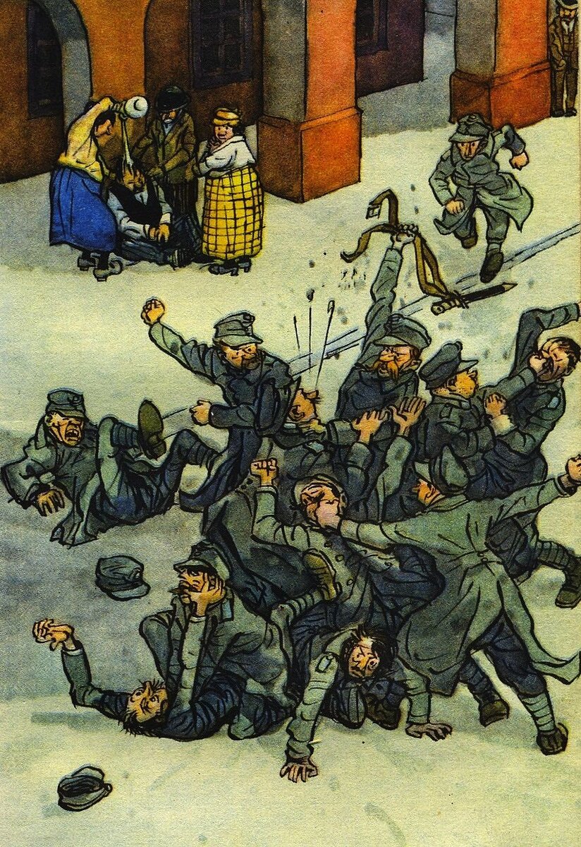 Все народы объединились для отпора врагу. "А посреди улицы бился как лев старый сапер Водичка" (с венгерскими гонведами) 