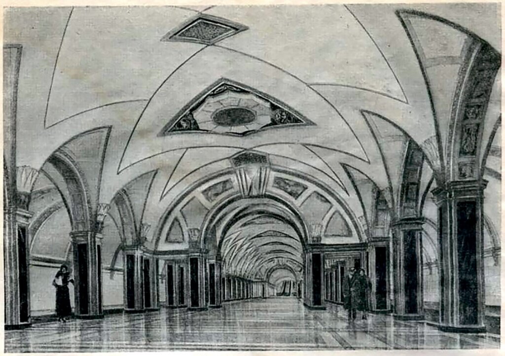 Проект станции "Триумфальная площадь" С.М. Кравеца, 1935.