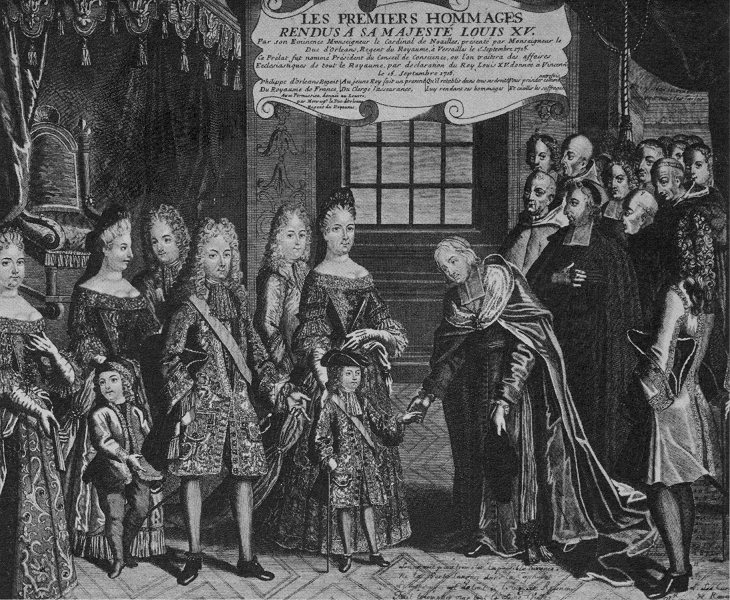 «Король умер. Да здравствует король!», 1 сентября 1715 года. В день смерти короля Людовика XIV регент герцог Орлеанский объявил новым королём пятилетнего Людовика XV. Кардинал де Ноай приносит присягу на верность новому монарху. Французская гравюра.