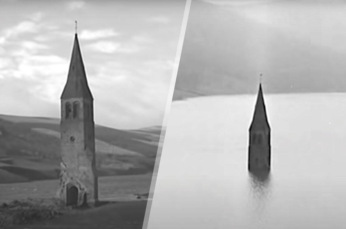 Местная церковь в Дервенте - на суше и после затопления долины 