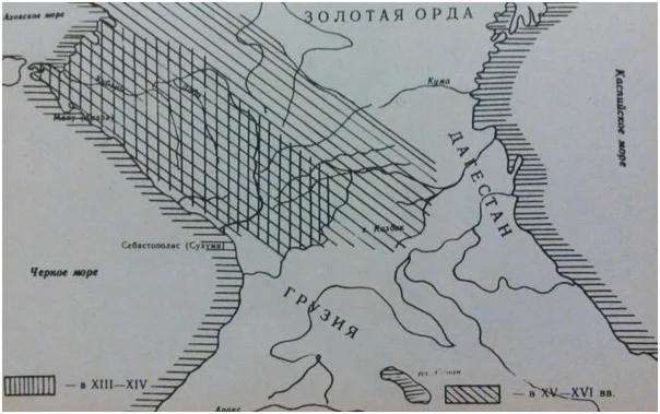 Черкесия. Историческая территория расселения адыгского этноса (заштриховано) в период наибольшего своего расширения (XVI в. )