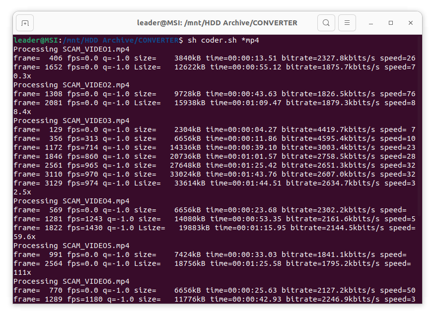 Вот так выглядит процесс пакетной обработки видеофайлов, где преобразуется аудиодорожка в нужный нам формат. 