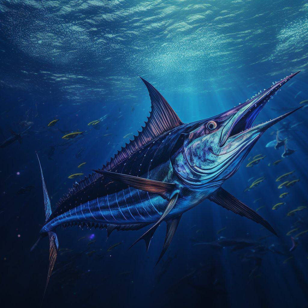 Шаблон промпта: mighty [animal] in a deep ocean current, close-up image Примеры: 1. mighty swordfish in a deep ocean current, close-up image  2.